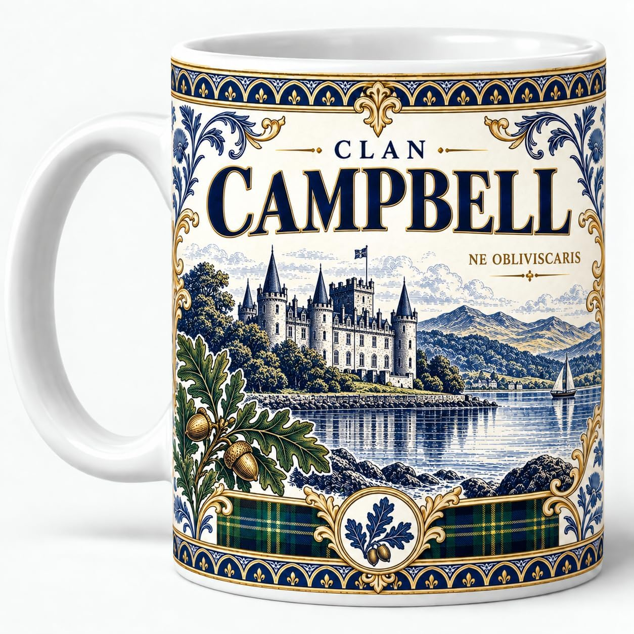 Clan Campbell ceramic mug with navy and gold Scottish artwork, castle and tartan detail