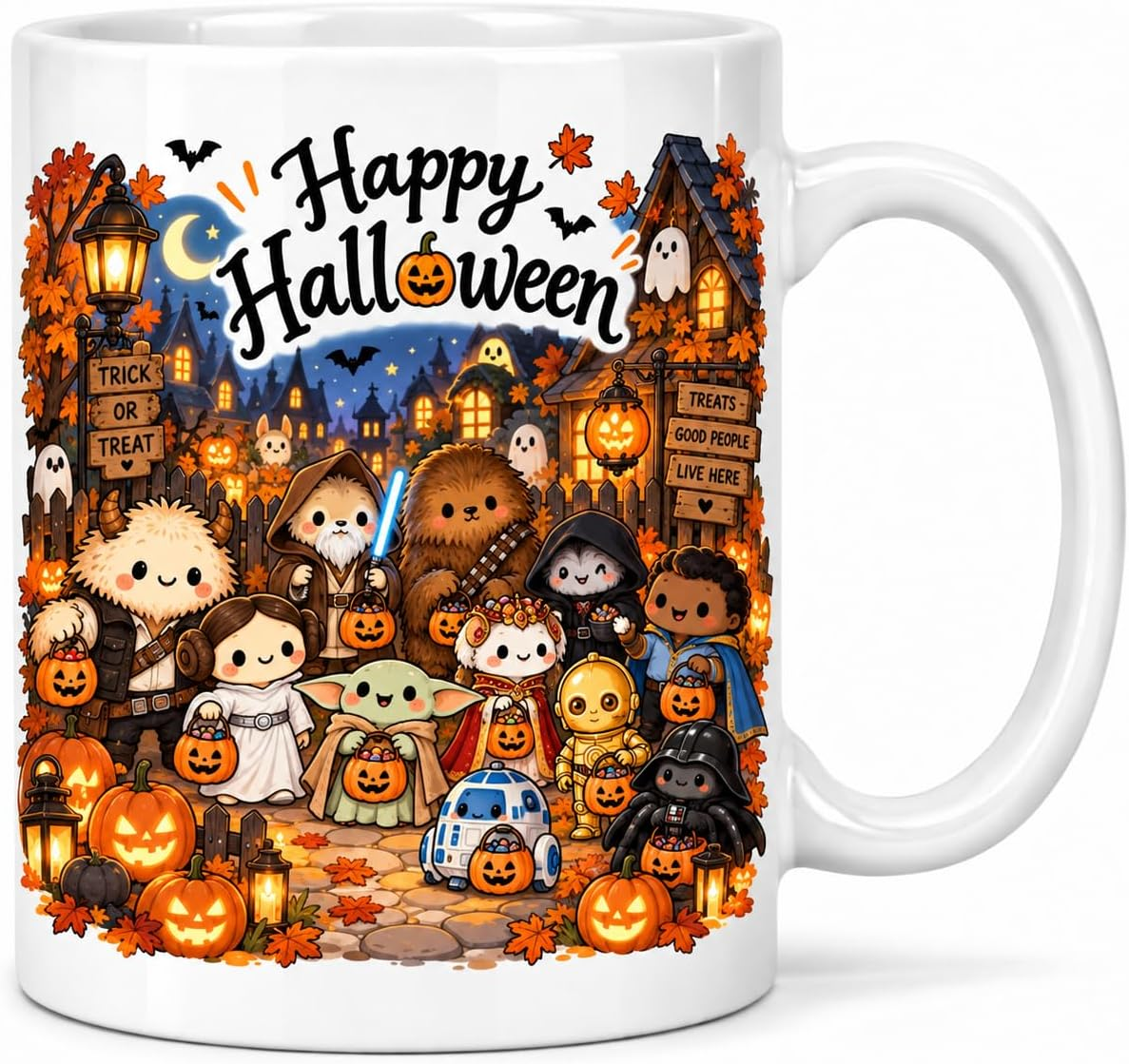 Halloween mug with illustrated galactic characters pumpkins and autumn village