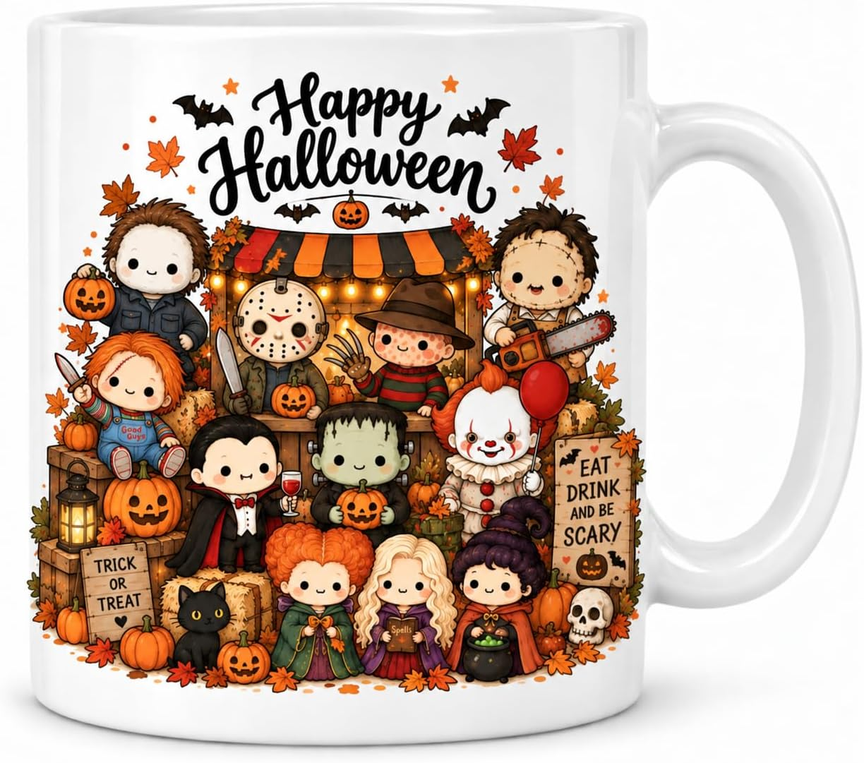 Halloween mug with miniature horror characters pumpkins and autumn market