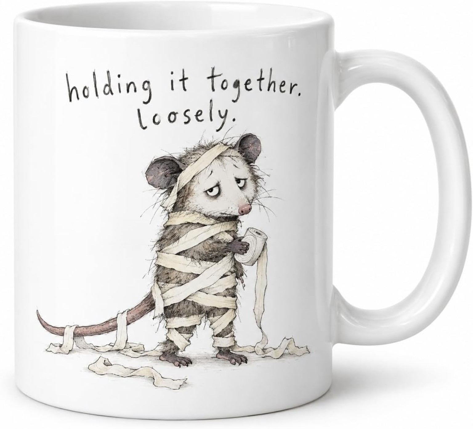 Muddlefolk white ceramic mug: Opossum loosely wrapped in bandages holding a roll