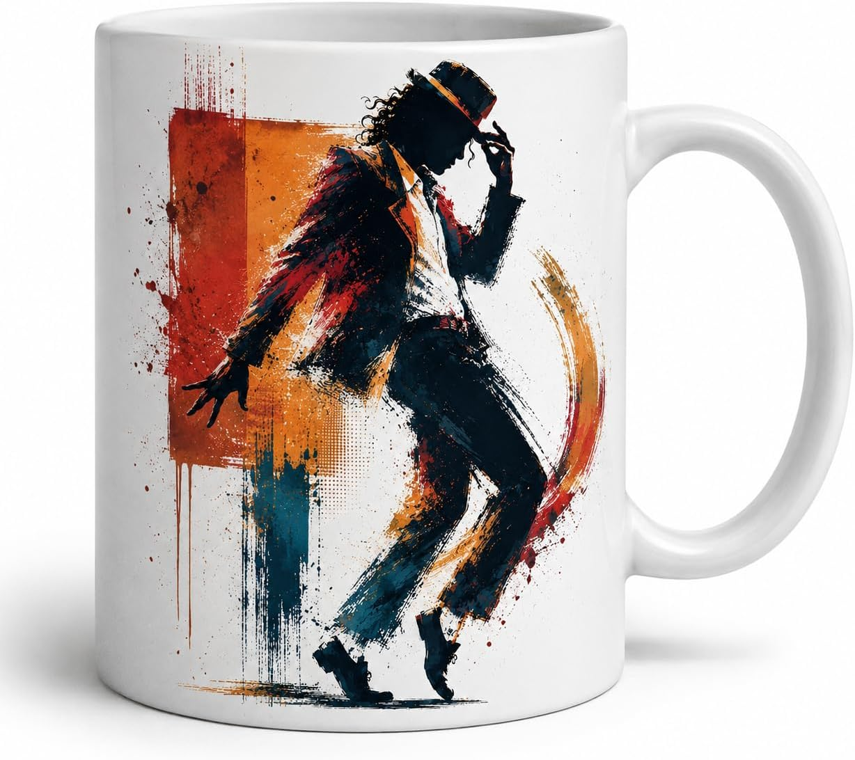 White mug with expressive painted dancer silhouette in orange navy and red